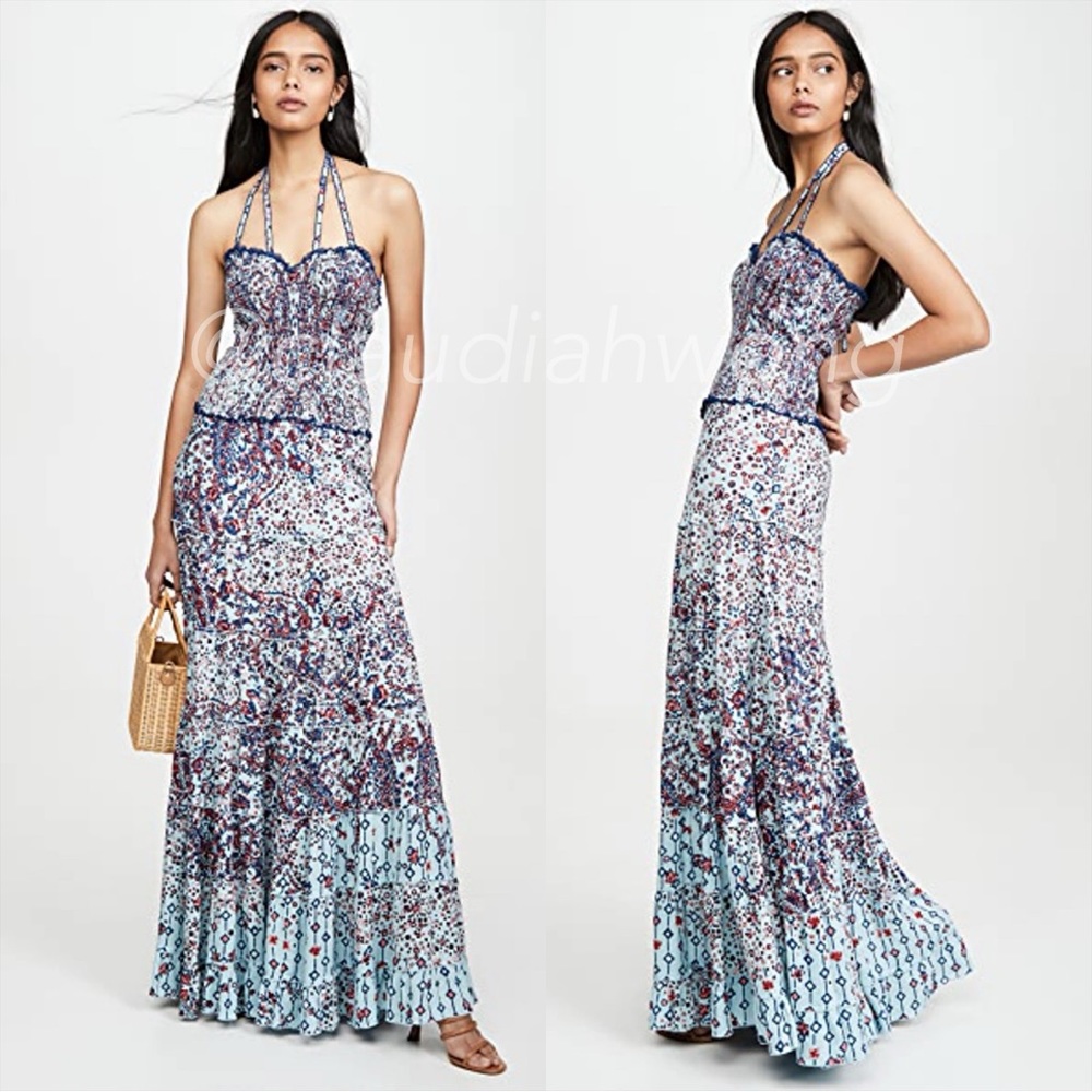 POUPETTE ST. BARTH Foe Panelled Long Maxi Dress in Light Blue Paisley